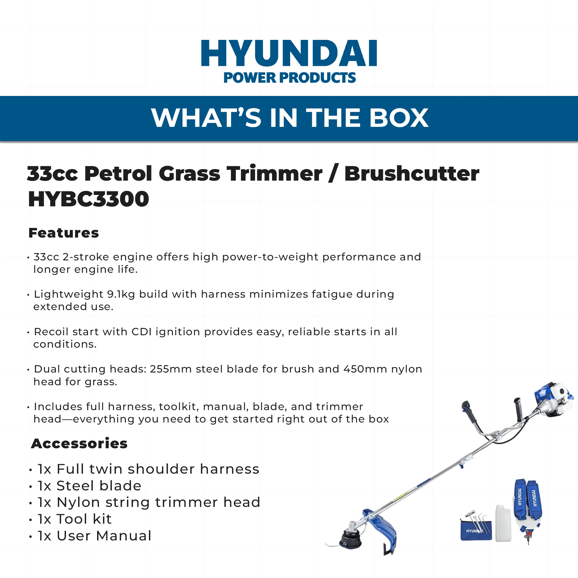 Hyundai 33cc Petrol Pole Chainsaw – 10" Bar, Easy Start, Triple Shaft, 2-Stroke Engine (HYPS3300) - Image 5